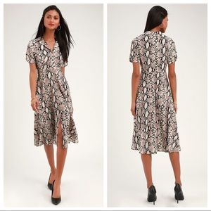 Let's Snake a Deal Beige Snake Print Collared Midi
